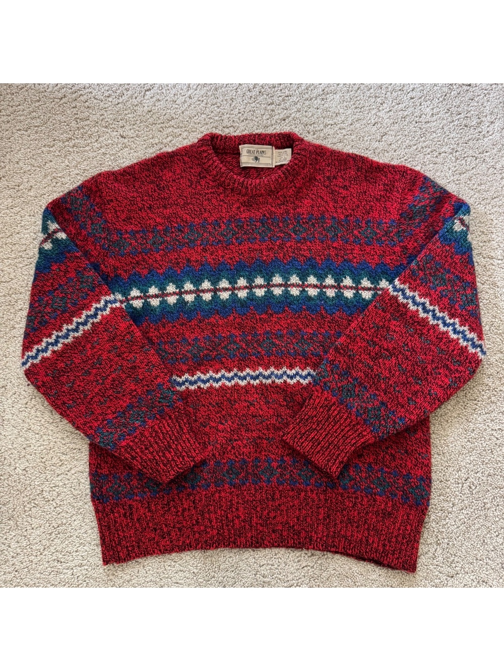 vintage great plains red knit crewneck sweater fair isle mens size L made in usa